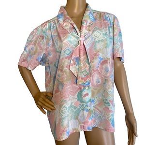 VINTAGE 90s ALFRED DUNNER PASTEL SOUTHWEST FLORAL BUTTON DOWN PUSSY BOW BLOUSE